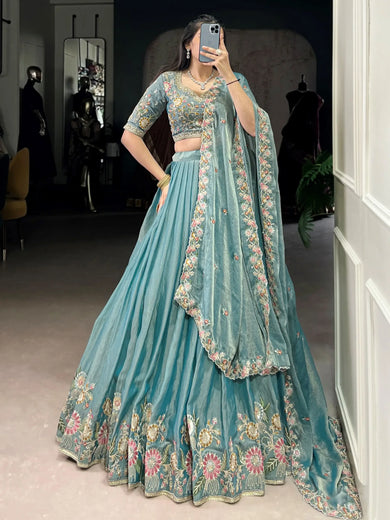 Beautiful Sky Blue Organza Zari Weaving Engagement Wear Lehenga Choli